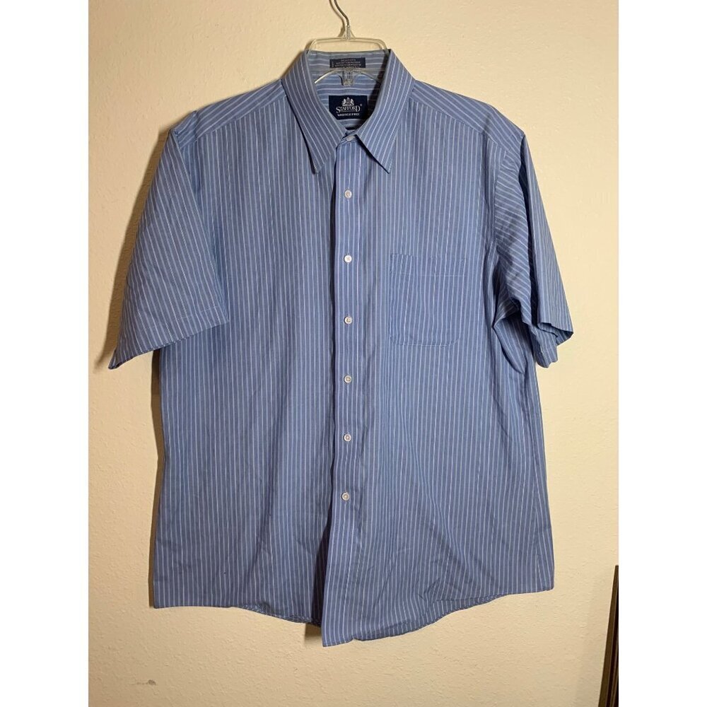 Stafford Button Up Shirt Business Casual Short Sleeve Stiped Blue Mens Size 16.5